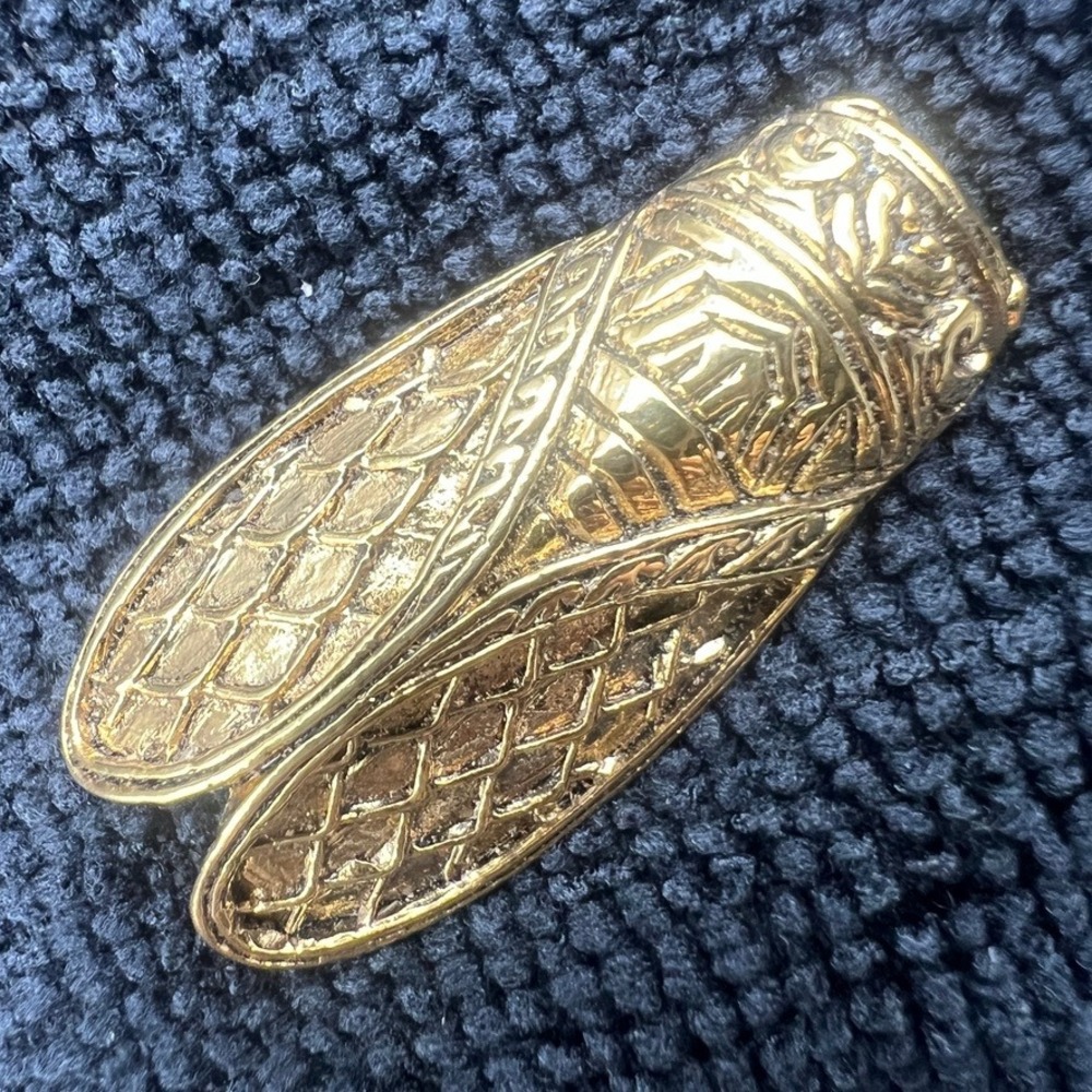 Vintage Rene Gouin Brooch French Cicada Insect Bug Gold Tone MCM Luck Unisex 1.5